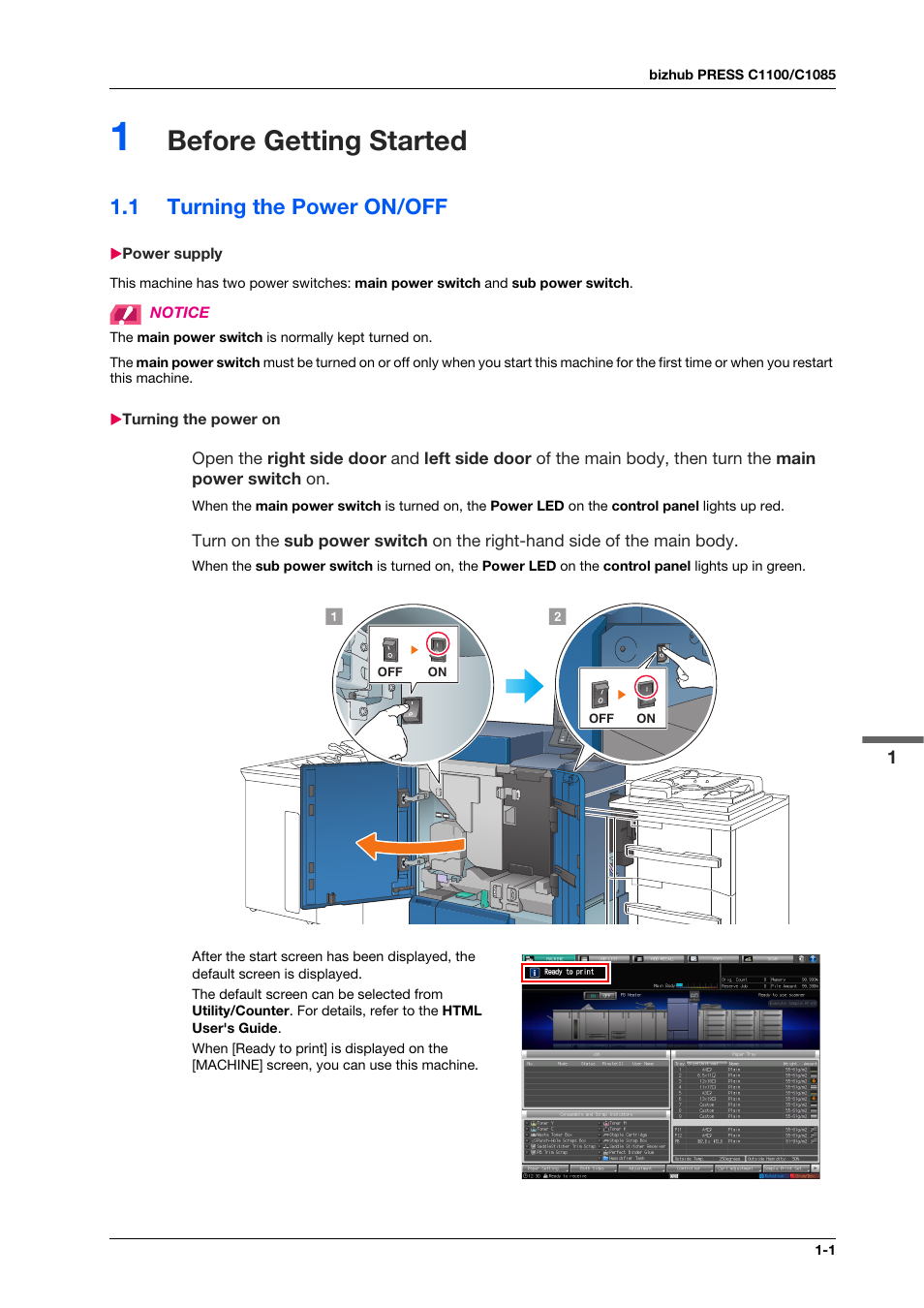 1 before getting started, 1 turning the power on/off, Power supply | Turning the power on, Before getting started, Turning the power on/off -1, Power supply -1 turning the power on -1 | Konica Minolta IC-308 User Manual | Page 11 / 119