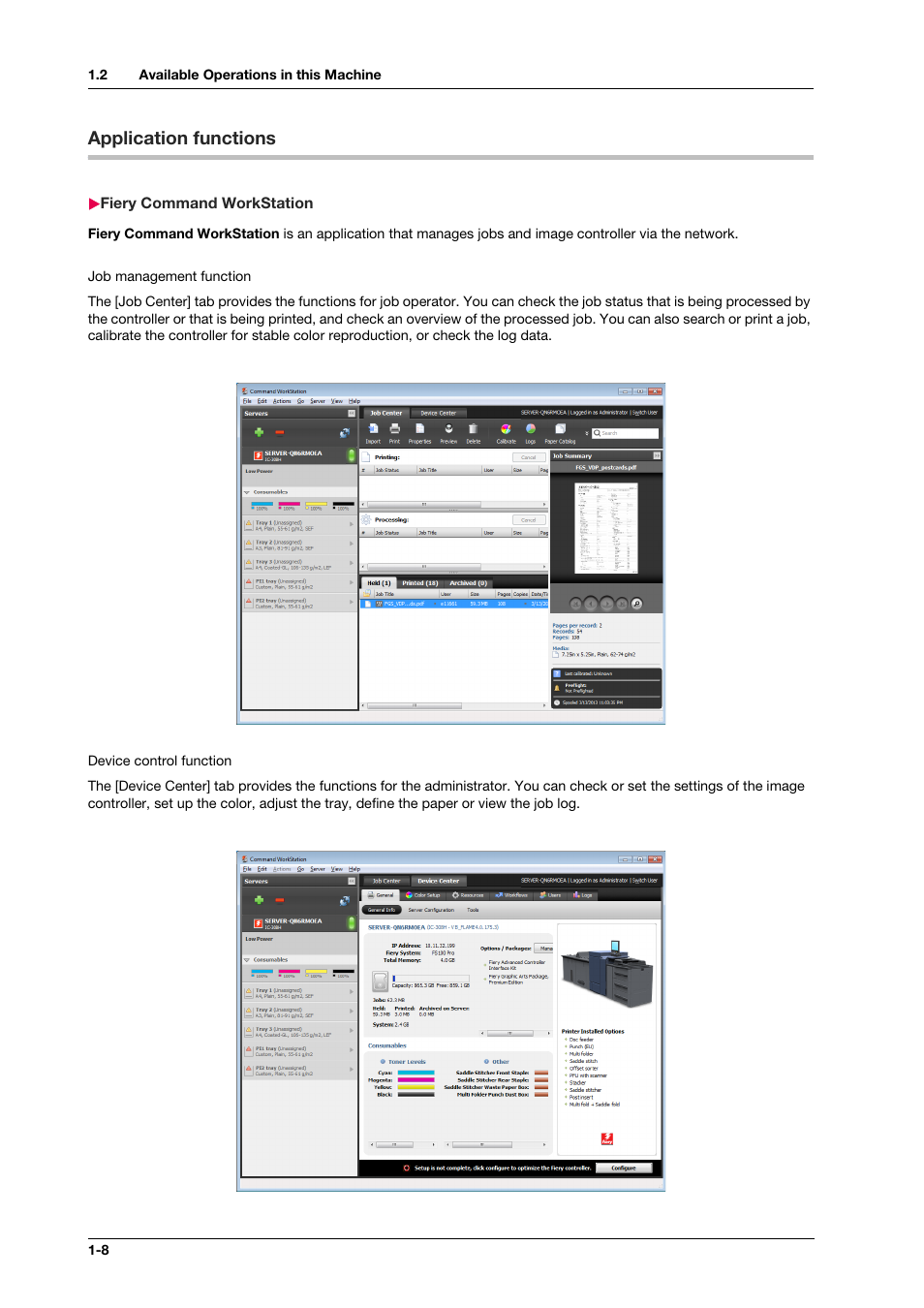 Application functions, Fiery command workstation, Application functions -8 | Fiery command workstation -8 | Konica Minolta IC-308 User Manual | Page 18 / 119