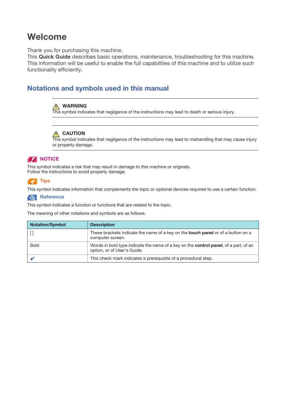 Welcome, Notations and symbols used in this manual | Konica Minolta IC-308 User Manual | Page 2 / 119