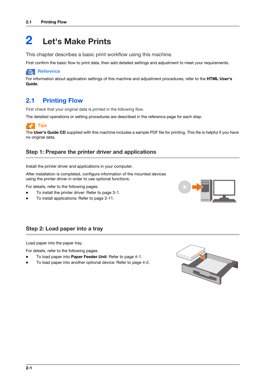 2 let's make prints, 1 printing flow, Step 2: load paper into a tray | Let's make prints, Printing flow -1, Step 2: load paper into a tray -1 | Konica Minolta IC-308 User Manual | Page 20 / 119