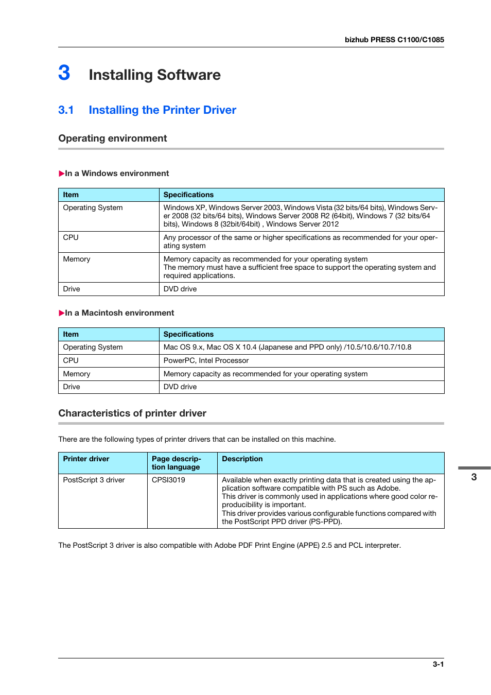 3 installing software, 1 installing the printer driver, Operating environment | In a windows environment, In a macintosh environment, Characteristics of printer driver, Installing software, Installing the printer driver -1, Operating environment -1, Characteristics of printer driver -1 | Konica Minolta IC-308 User Manual | Page 23 / 119