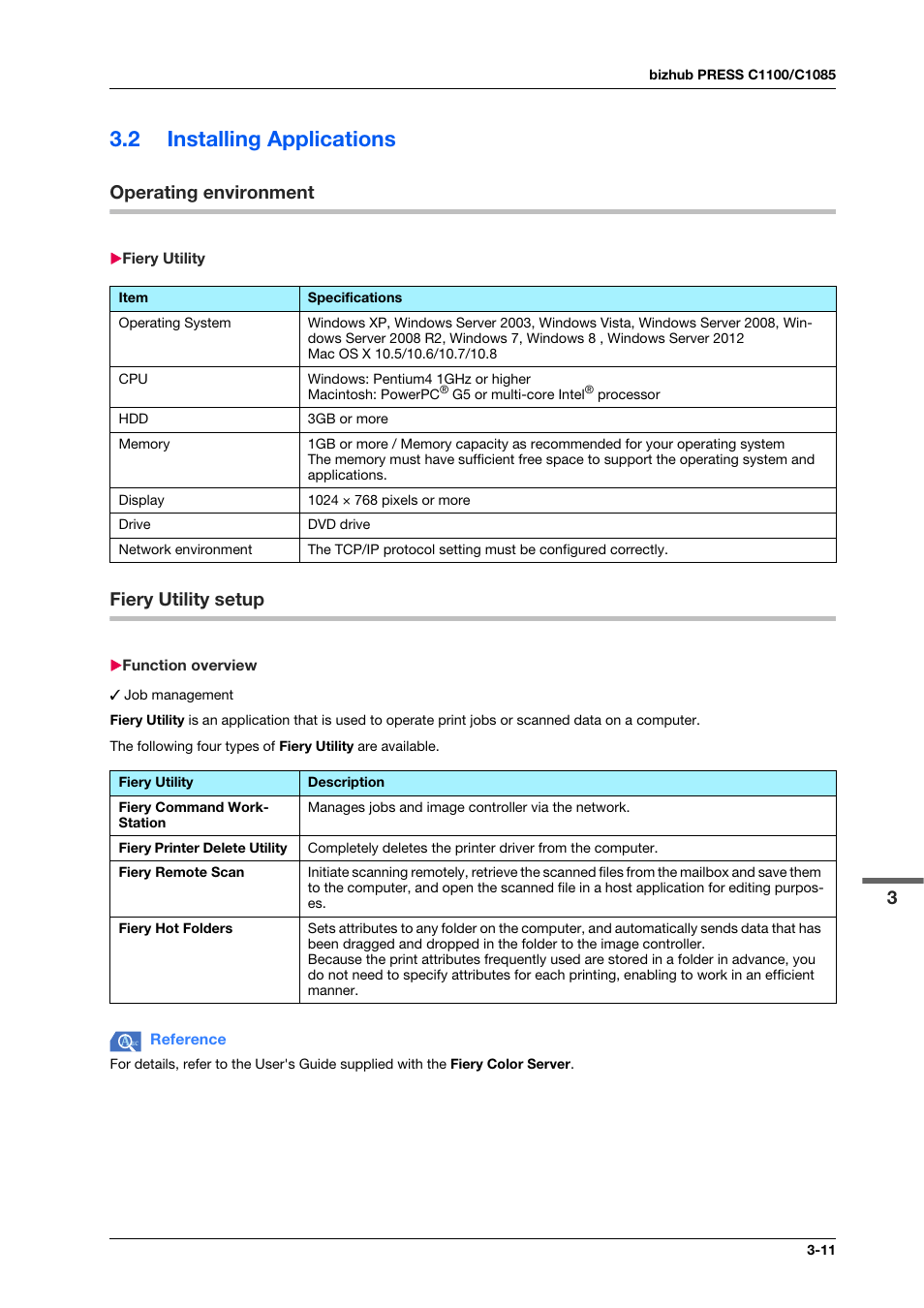 2 installing applications, Operating environment, Fiery utility | Fiery utility setup, Function overview, Installing applications -11, Operating environment -11, Fiery utility -11, Fiery utility setup -11, Function overview -11 | Konica Minolta IC-308 User Manual | Page 33 / 119