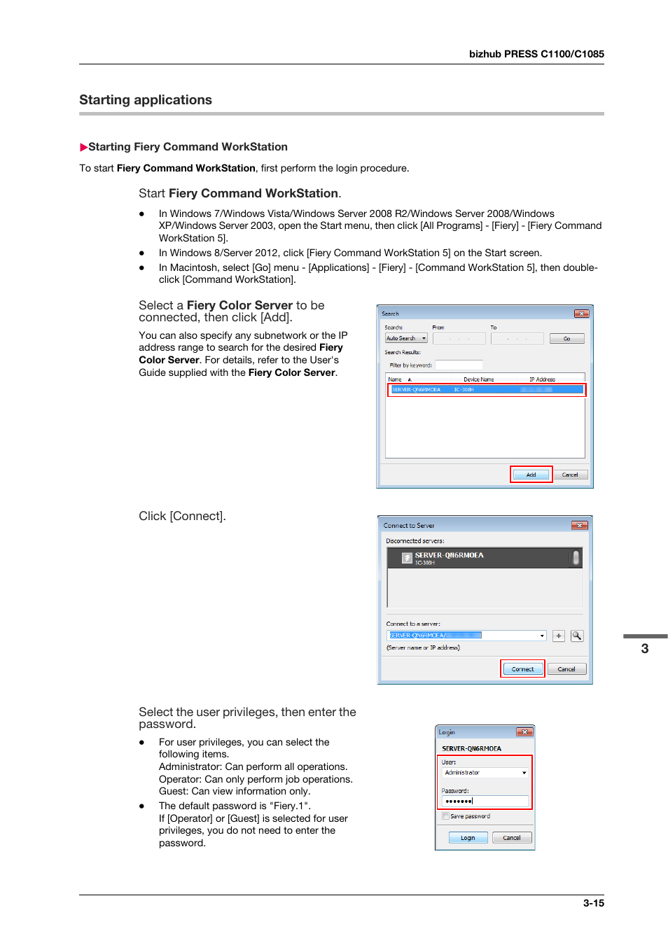 Starting applications, Starting fiery command workstation, Starting applications -15 | Starting fiery command workstation -15 | Konica Minolta IC-308 User Manual | Page 37 / 119