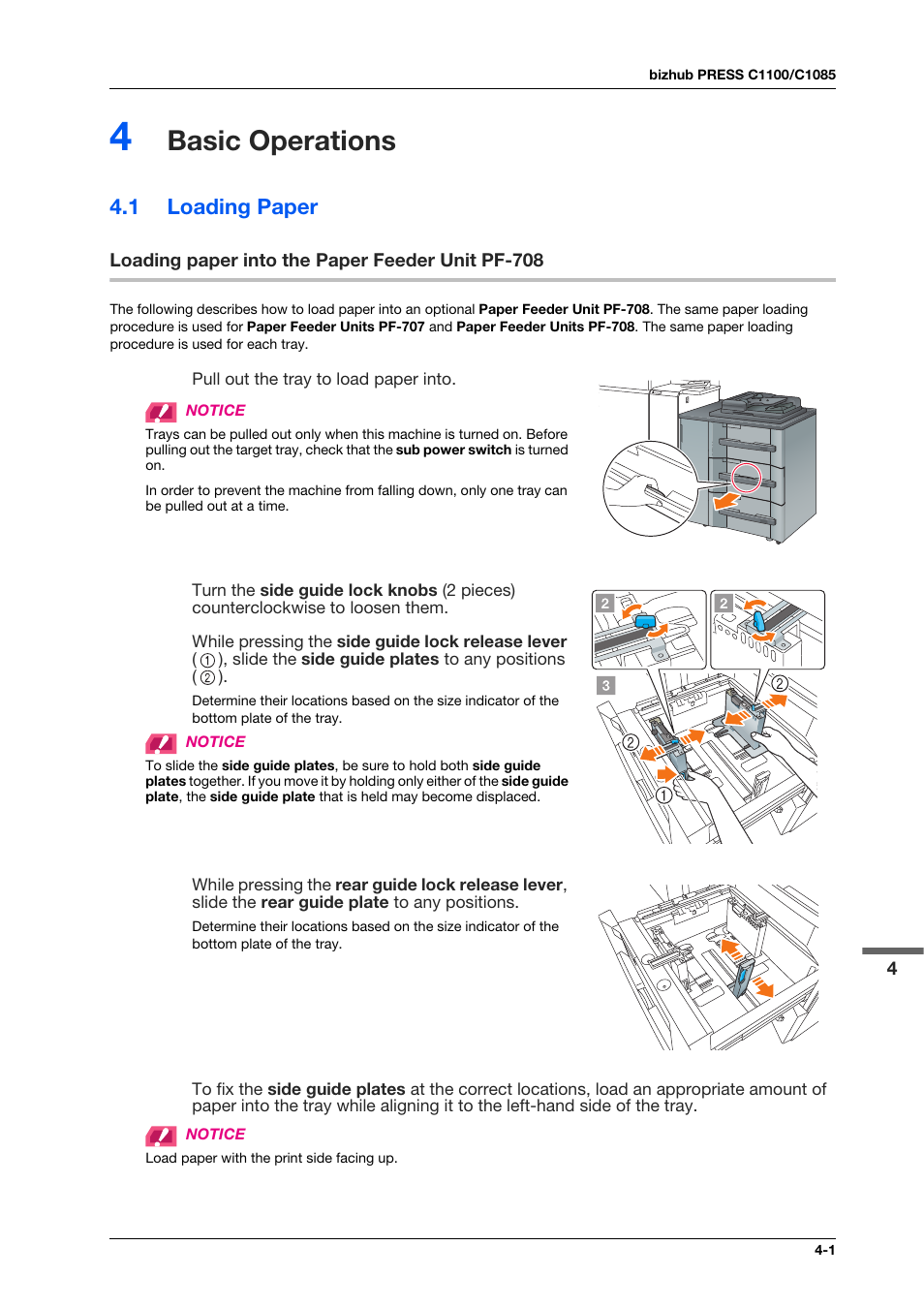 4 basic operations, 1 loading paper, Loading paper into the paper feeder unit pf-708 | Basic operations, Loading paper -1, Loading paper into the paper feeder unit pf-708 -1 | Konica Minolta IC-308 User Manual | Page 39 / 119