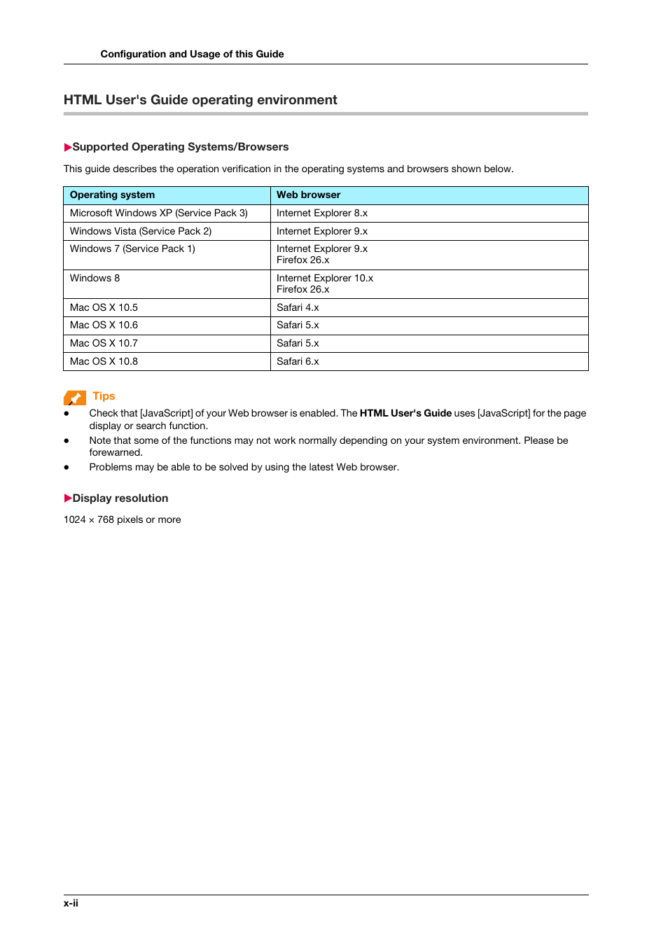 Html user's guide operating environment, Supported operating systems/browsers, Display resolution | Konica Minolta IC-308 User Manual | Page 4 / 119