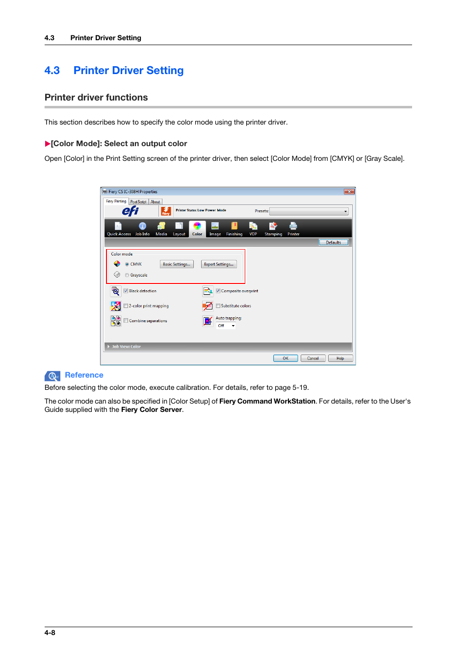 3 printer driver setting, Printer driver functions, Color mode]: select an output color | Printer driver setting -8, Printer driver functions -8, Color mode]: select an output color -8 | Konica Minolta IC-308 User Manual | Page 46 / 119