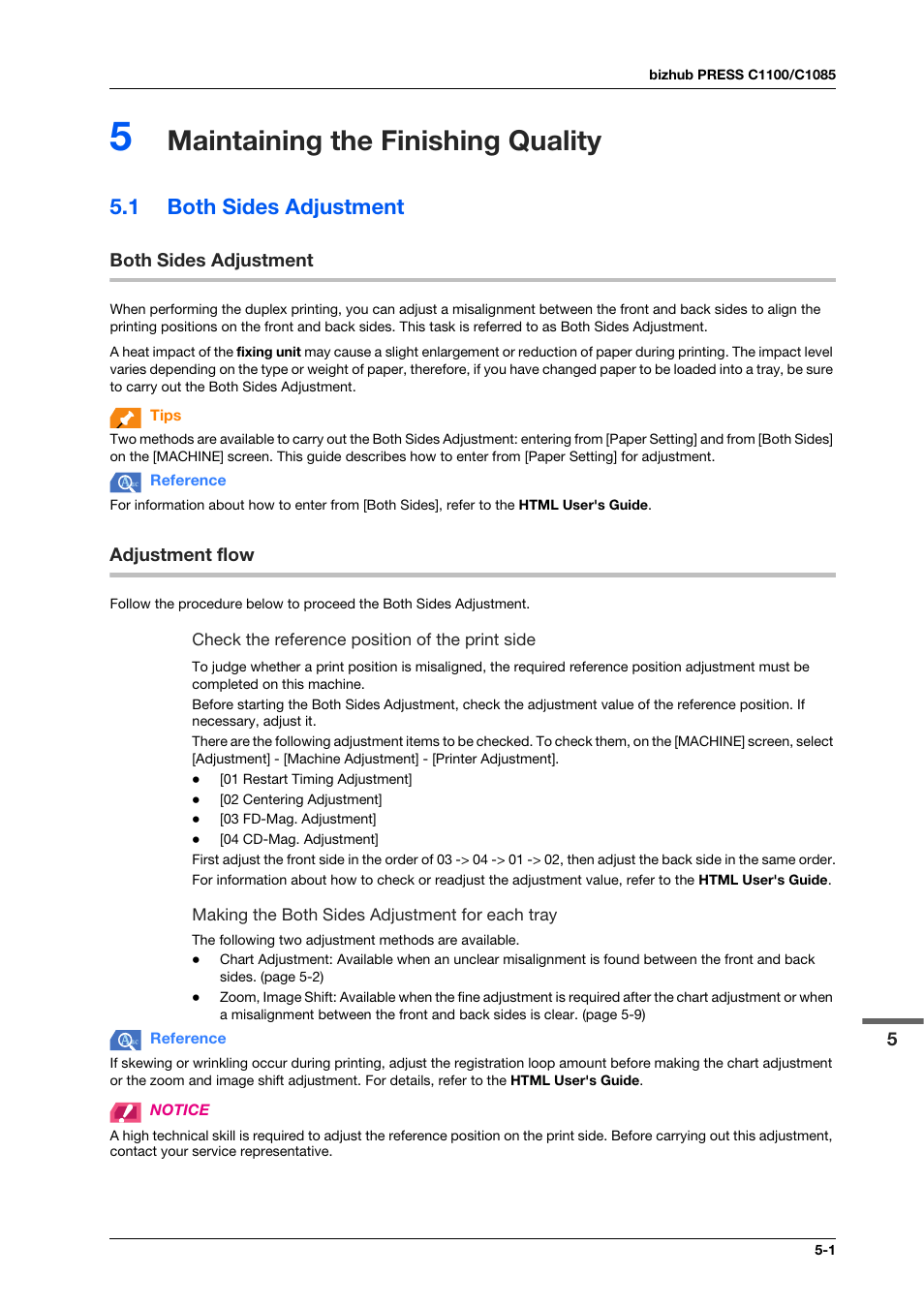 5 maintaining the finishing quality, 1 both sides adjustment, Both sides adjustment | Adjustment flow, Maintaining the finishing quality, Both sides adjustment -1, Adjustment flow -1 | Konica Minolta IC-308 User Manual | Page 49 / 119