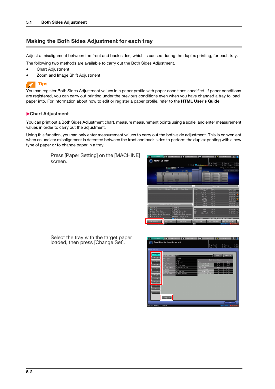 Making the both sides adjustment for each tray, Chart adjustment, Making the both sides adjustment for each tray -2 | Chart adjustment -2 | Konica Minolta IC-308 User Manual | Page 50 / 119