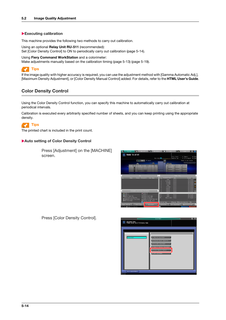 Executing calibration, Color density control, Auto setting of color density control | Executing calibration -14, Color density control -14, Auto setting of color density control -14 | Konica Minolta IC-308 User Manual | Page 62 / 119