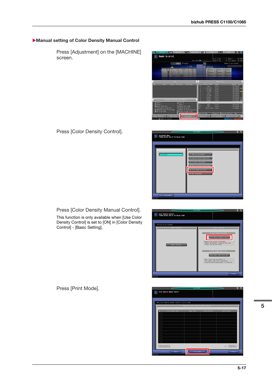 Manual setting of color density manual control, Manual setting of color density manual control -17 | Konica Minolta IC-308 User Manual | Page 65 / 119