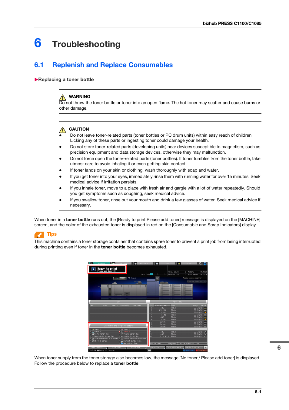 6 troubleshooting, 1 replenish and replace consumables, Replacing a toner bottle | Troubleshooting, Replenish and replace consumables -1, Replacing a toner bottle -1 | Konica Minolta IC-308 User Manual | Page 75 / 119