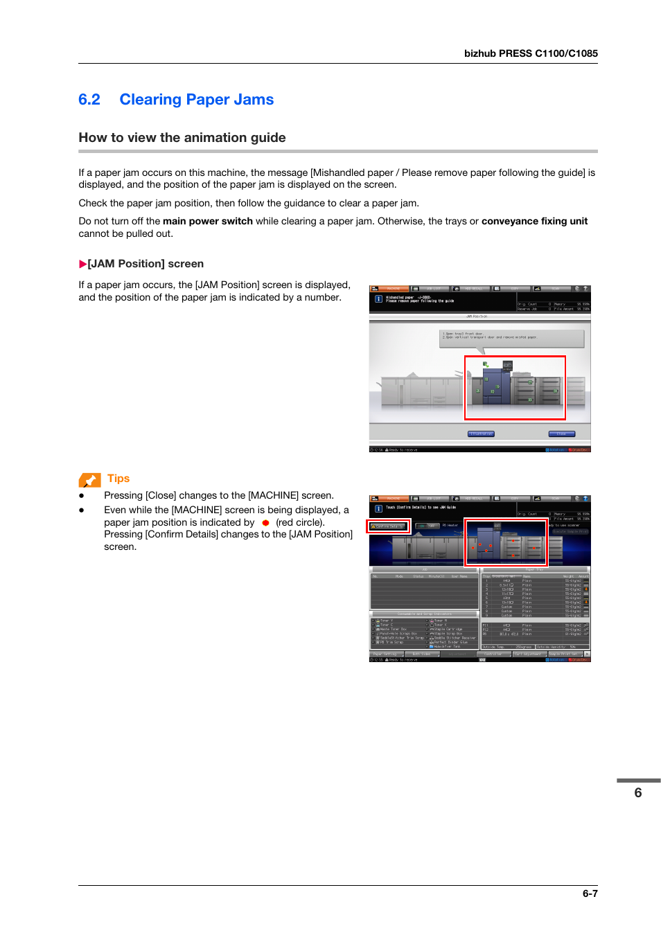 2 clearing paper jams, How to view the animation guide, Jam position] screen | Clearing paper jams -7, How to view the animation guide -7, Jam position] screen -7 | Konica Minolta IC-308 User Manual | Page 81 / 119