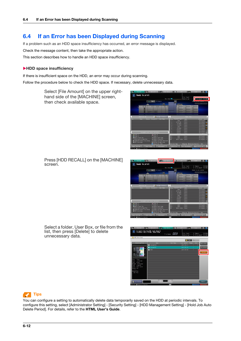 4 if an error has been displayed during scanning, Hdd space insufficiency, If an error has been displayed during scanning -12 | Hdd space insufficiency -12 | Konica Minolta IC-308 User Manual | Page 86 / 119