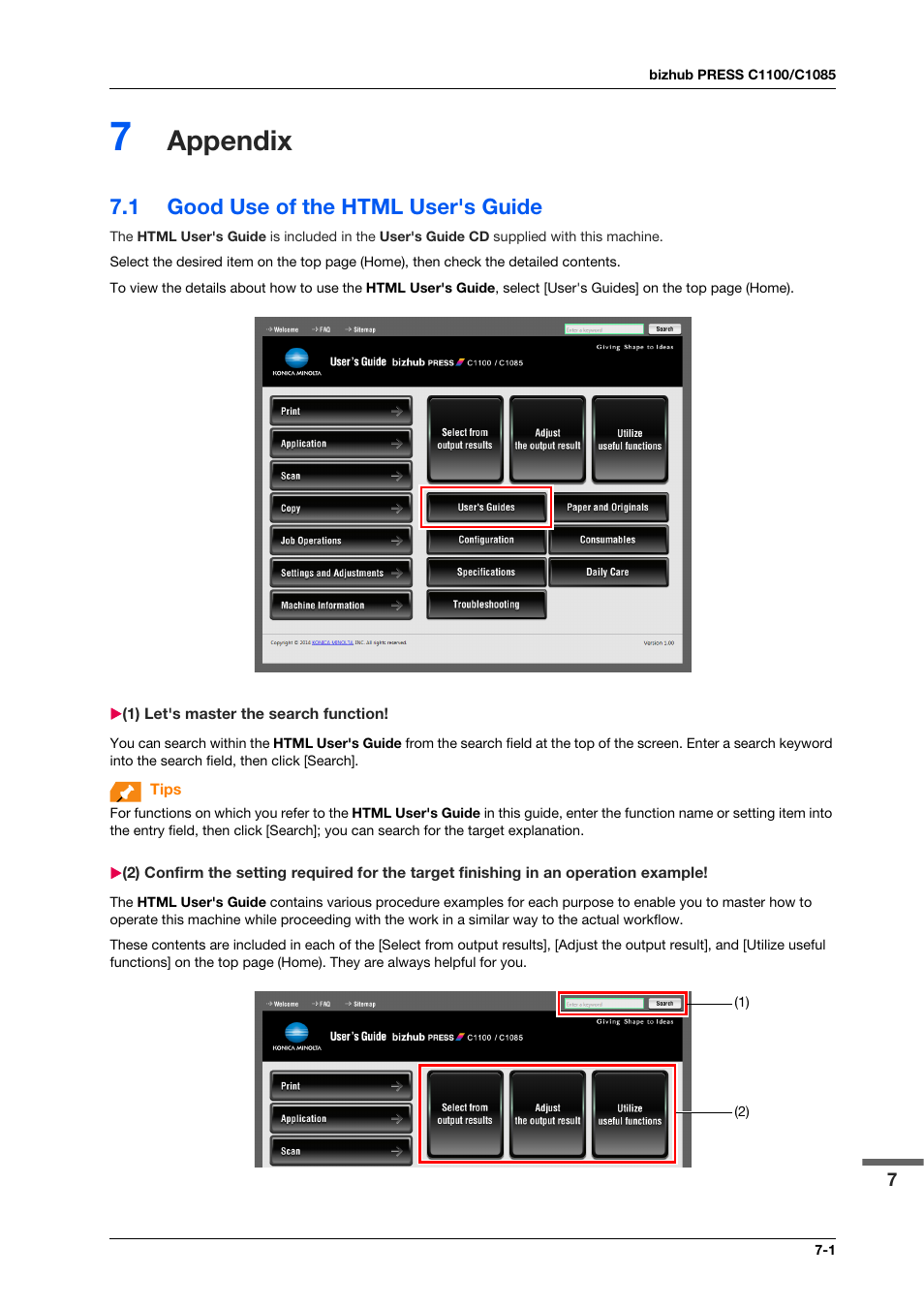 7 appendix, 1 good use of the html user's guide, 1) let's master the search function | Appendix, Good use of the html user's guide -1 | Konica Minolta IC-308 User Manual | Page 89 / 119