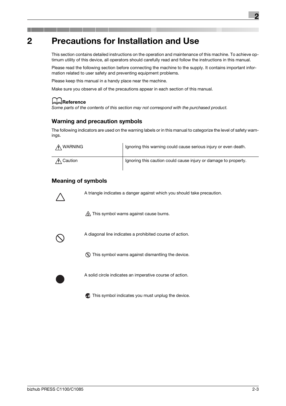 2 precautions for installation and use, Warning and precaution symbols, Meaning of symbols | Precautions for installation and use, 2precautions for installation and use | Konica Minolta bizhub PRESS C1085 User Manual | Page 11 / 48