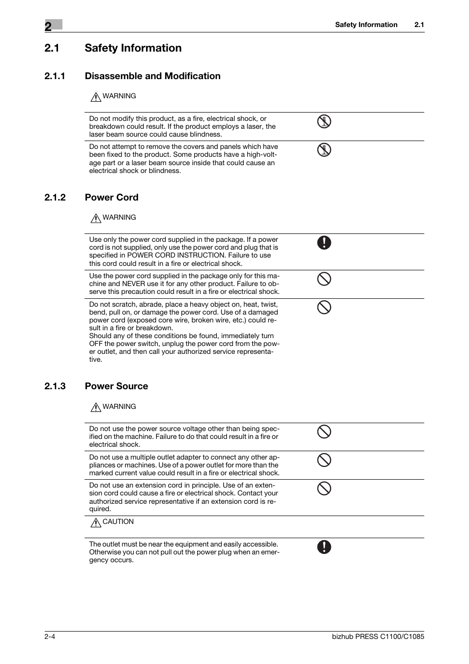 1 safety information, 1 disassemble and modification, 2 power cord | 3 power source, Safety information -4, Disassemble and modification -4, Power cord -4, Power source -4 | Konica Minolta bizhub PRESS C1085 User Manual | Page 12 / 48