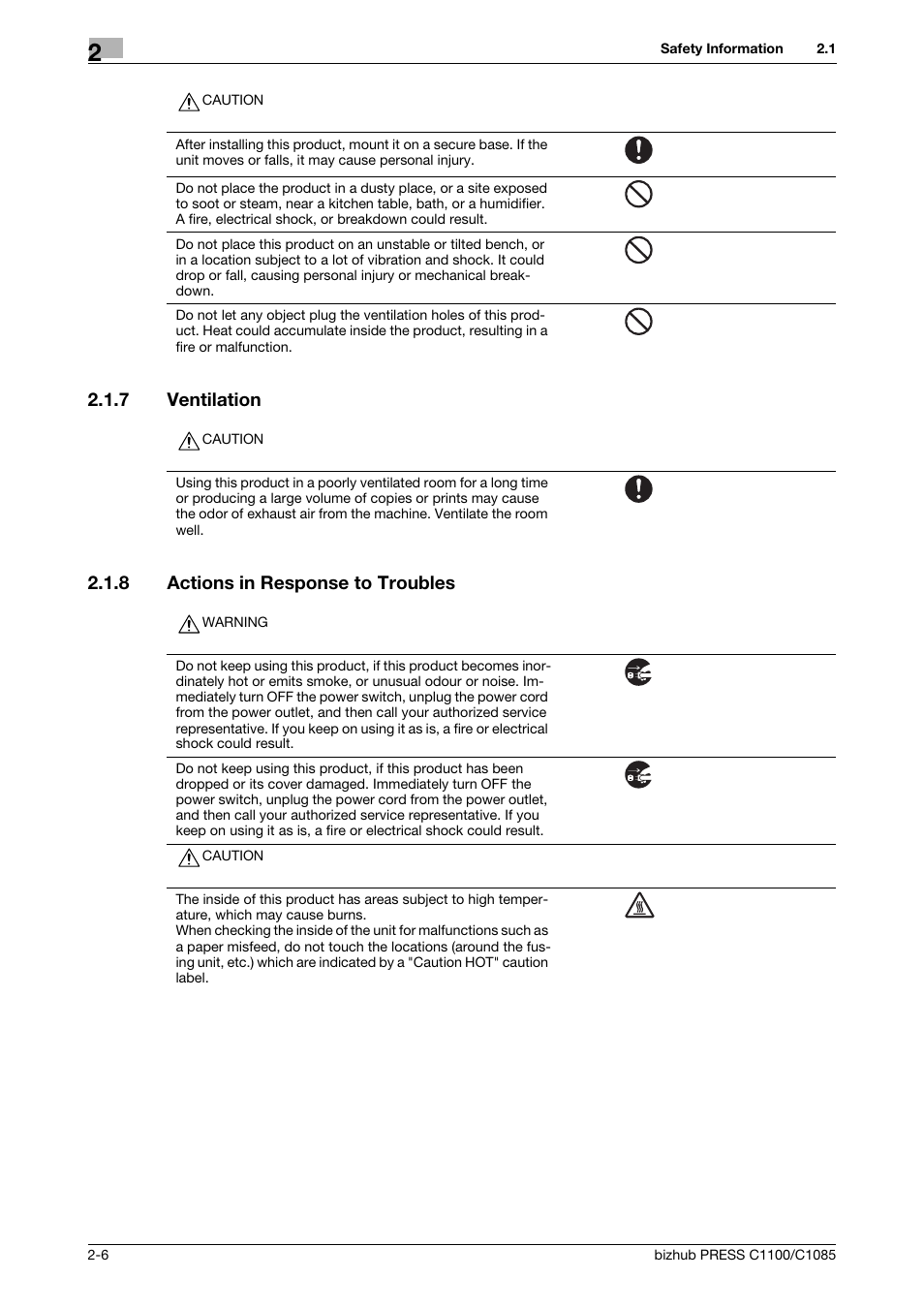 7 ventilation, 8 actions in response to troubles, Ventilation -6 | Actions in response to troubles -6 | Konica Minolta bizhub PRESS C1085 User Manual | Page 14 / 48