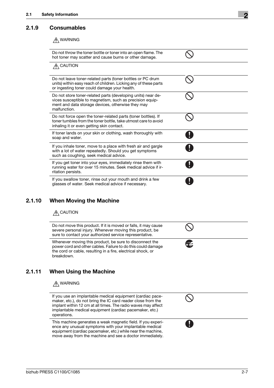 9 consumables, 10 when moving the machine, 11 when using the machine | Consumables -7, When moving the machine -7, When using the machine -7 | Konica Minolta bizhub PRESS C1085 User Manual | Page 15 / 48