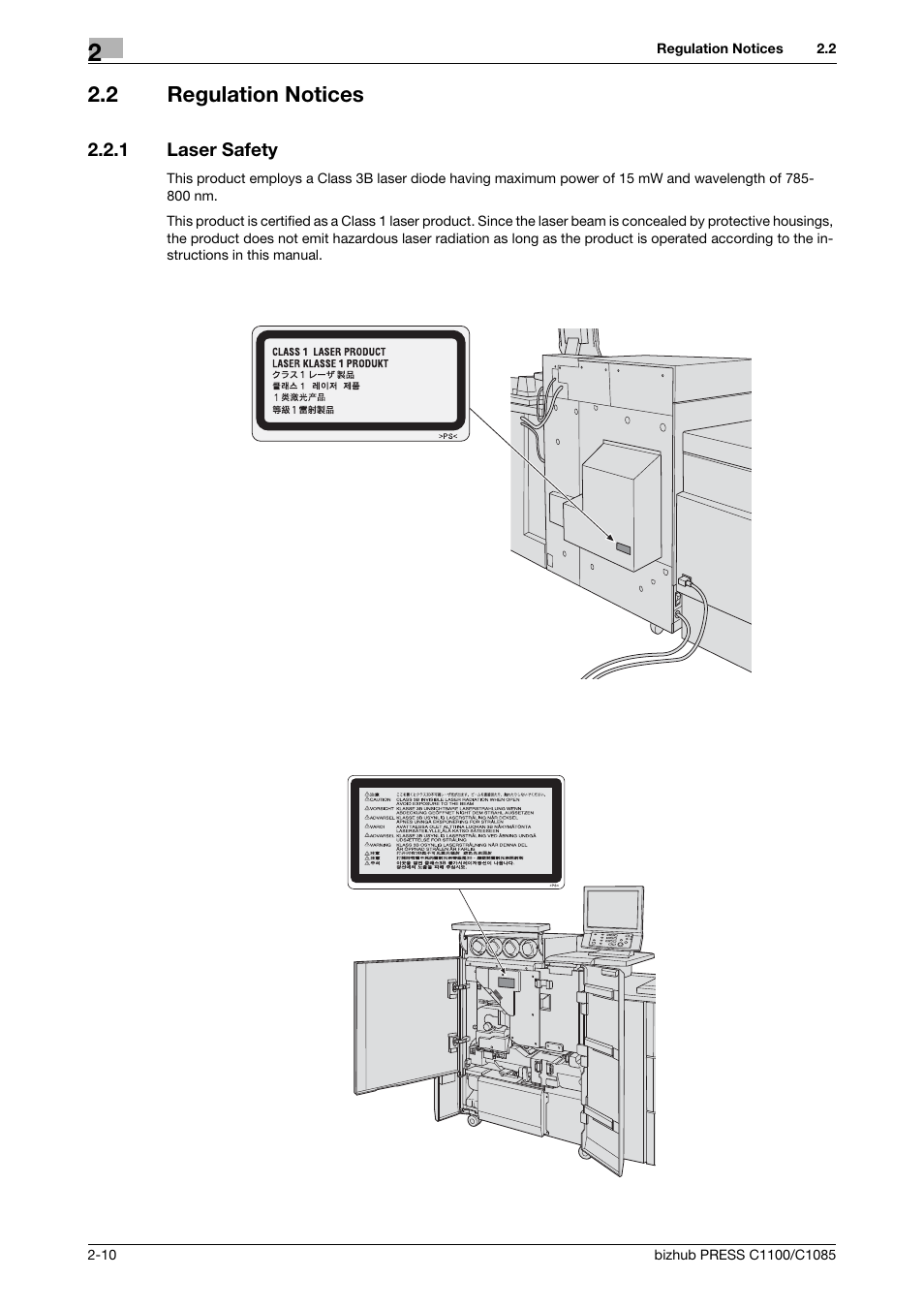 2 regulation notices, 1 laser safety, Regulation notices -10 | Laser safety -10 | Konica Minolta bizhub PRESS C1085 User Manual | Page 18 / 48