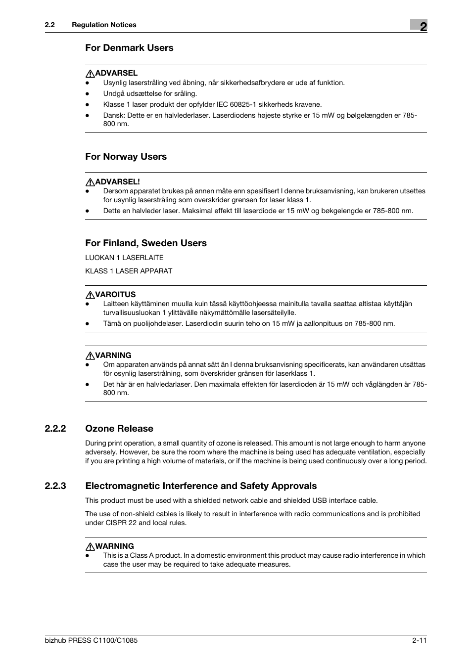 For denmark users, For norway users, For finland, sweden users | 2 ozone release, Ozone release -11 | Konica Minolta bizhub PRESS C1085 User Manual | Page 19 / 48