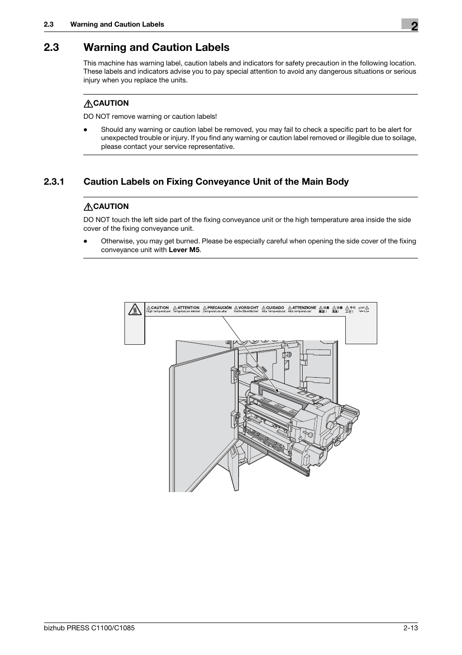 3 warning and caution labels, Warning and caution labels -13 | Konica Minolta bizhub PRESS C1085 User Manual | Page 21 / 48