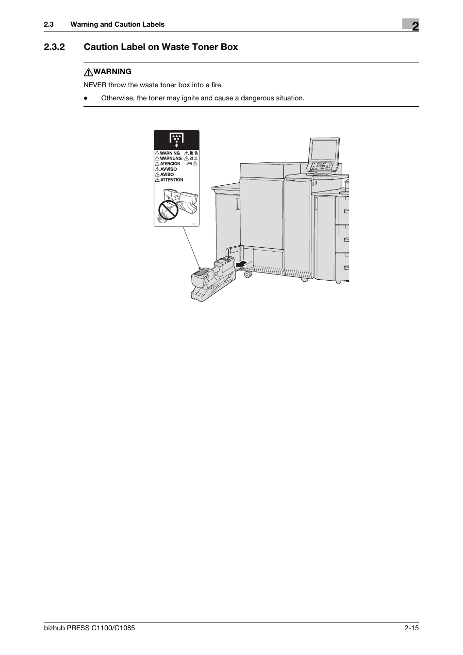 2 caution label on waste toner box, Caution label on waste toner box -15 | Konica Minolta bizhub PRESS C1085 User Manual | Page 23 / 48