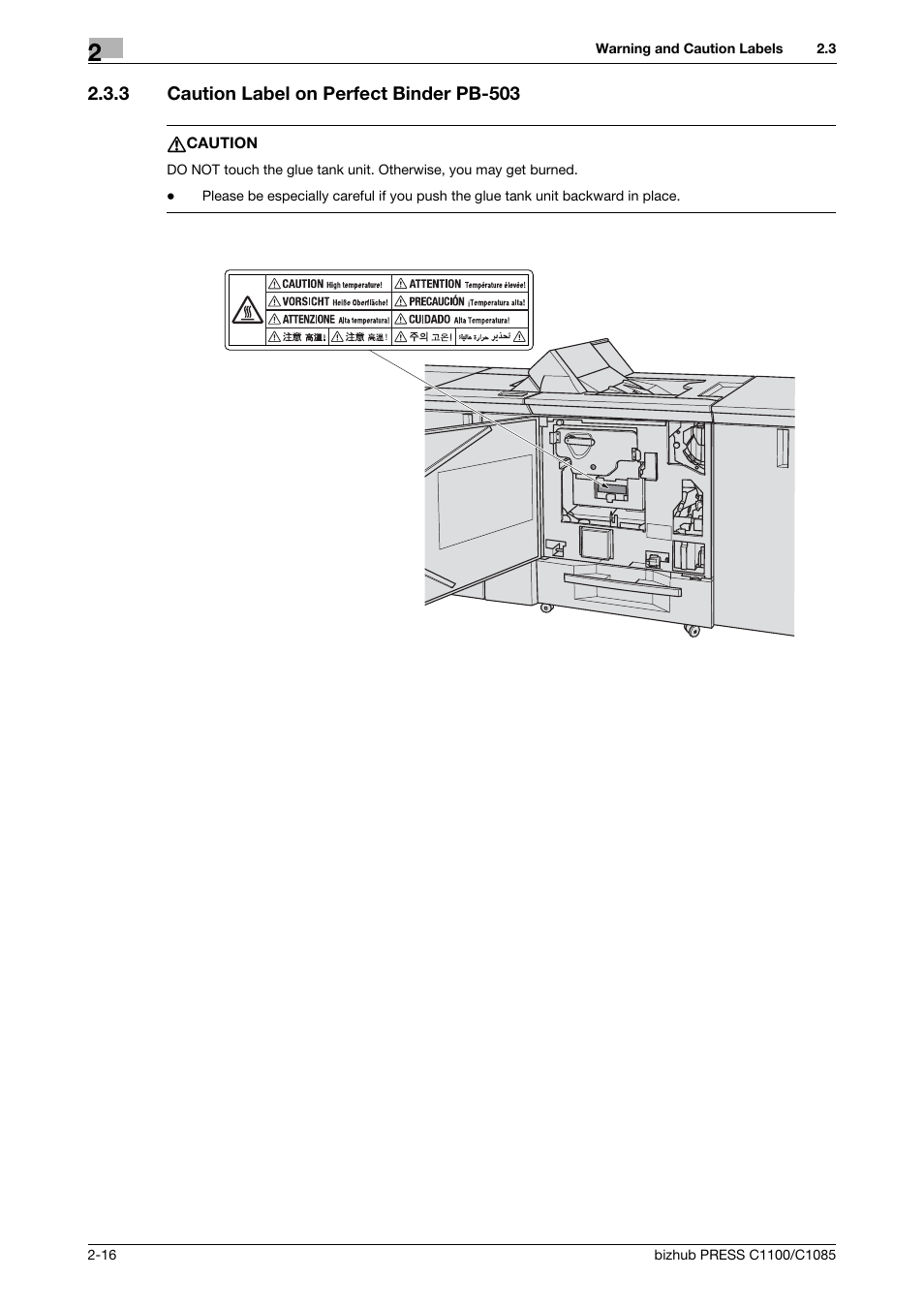 3 caution label on perfect binder pb-503, Caution label on perfect binder pb-503 -16 | Konica Minolta bizhub PRESS C1085 User Manual | Page 24 / 48