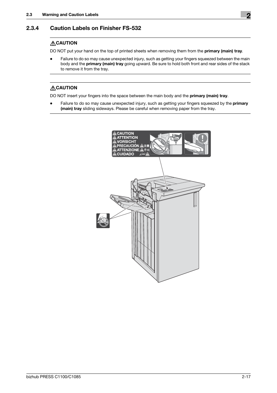 4 caution labels on finisher fs-532, Caution labels on finisher fs-532 -17 | Konica Minolta bizhub PRESS C1085 User Manual | Page 25 / 48