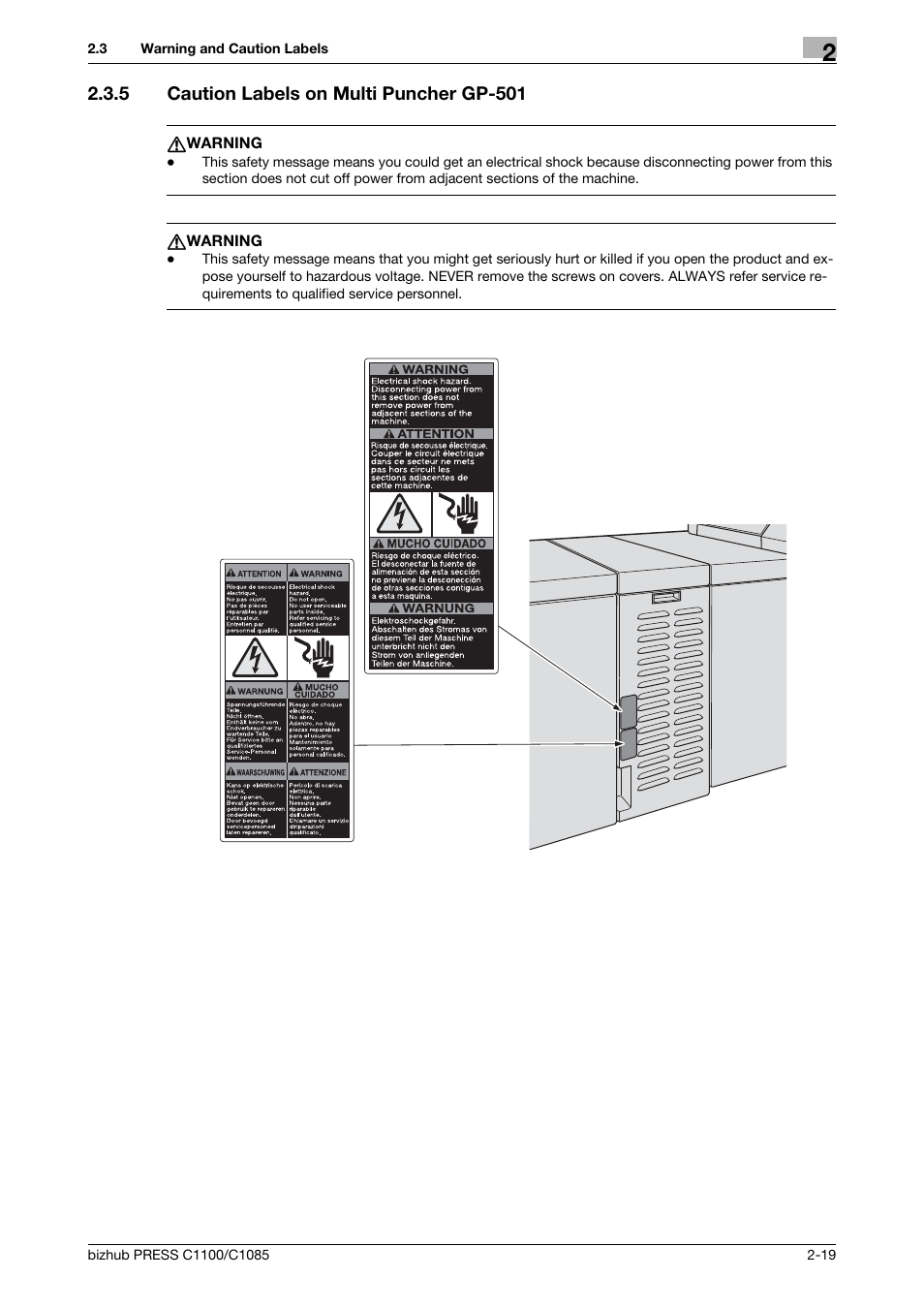 5 caution labels on multi puncher gp-501, Caution labels on multi puncher gp-501 -19 | Konica Minolta bizhub PRESS C1085 User Manual | Page 27 / 48