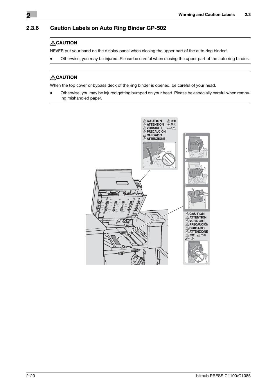 6 caution labels on auto ring binder gp-502, Caution labels on auto ring binder gp-502 -20 | Konica Minolta bizhub PRESS C1085 User Manual | Page 28 / 48