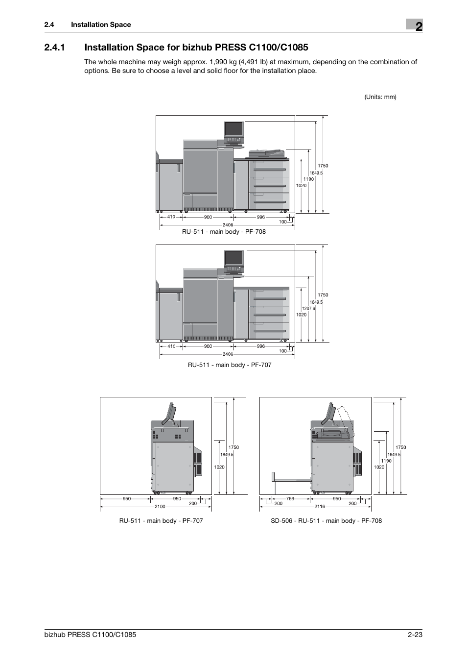 1 installation space for bizhub press c1100/c1085 | Konica Minolta bizhub PRESS C1085 User Manual | Page 31 / 48