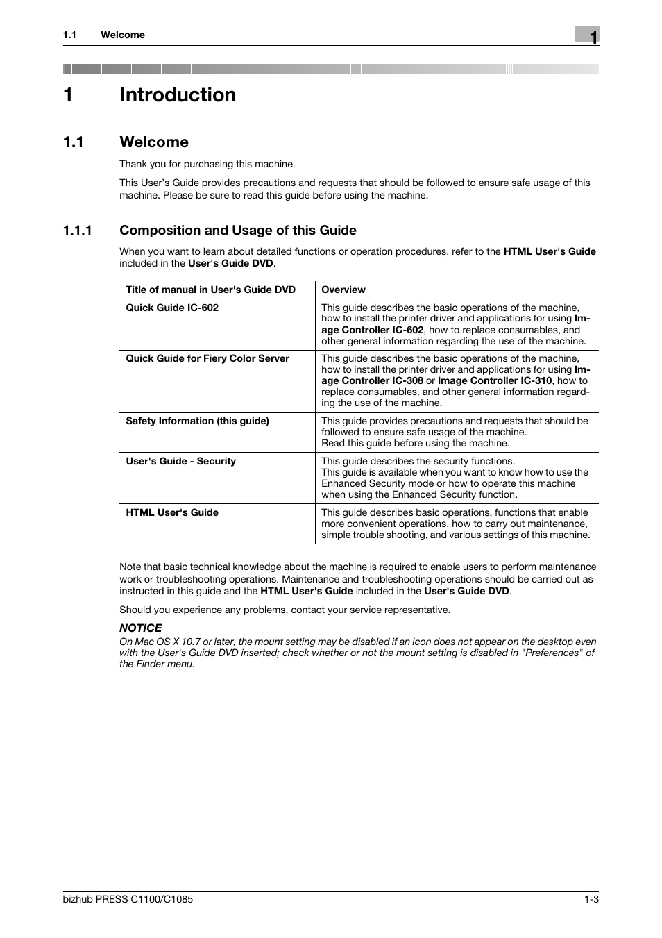 1 introduction, 1 welcome, 1 composition and usage of this guide | Introduction, Welcome -3, Composition and usage of this guide -3, 1introduction | Konica Minolta bizhub PRESS C1085 User Manual | Page 7 / 48