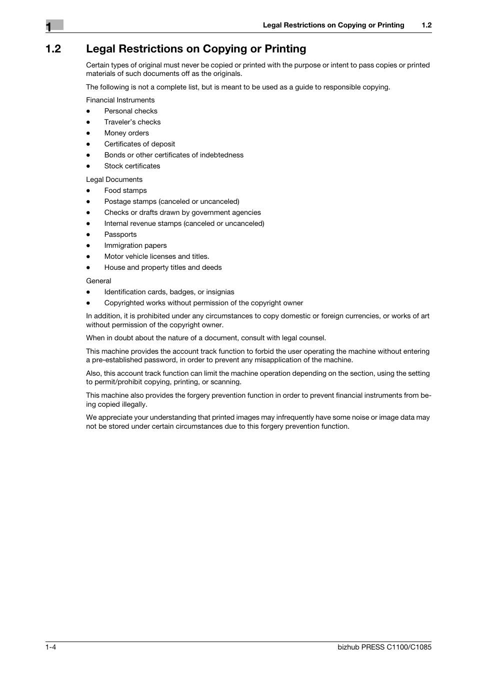 2 legal restrictions on copying or printing, Legal restrictions on copying or printing -4 | Konica Minolta bizhub PRESS C1085 User Manual | Page 8 / 48