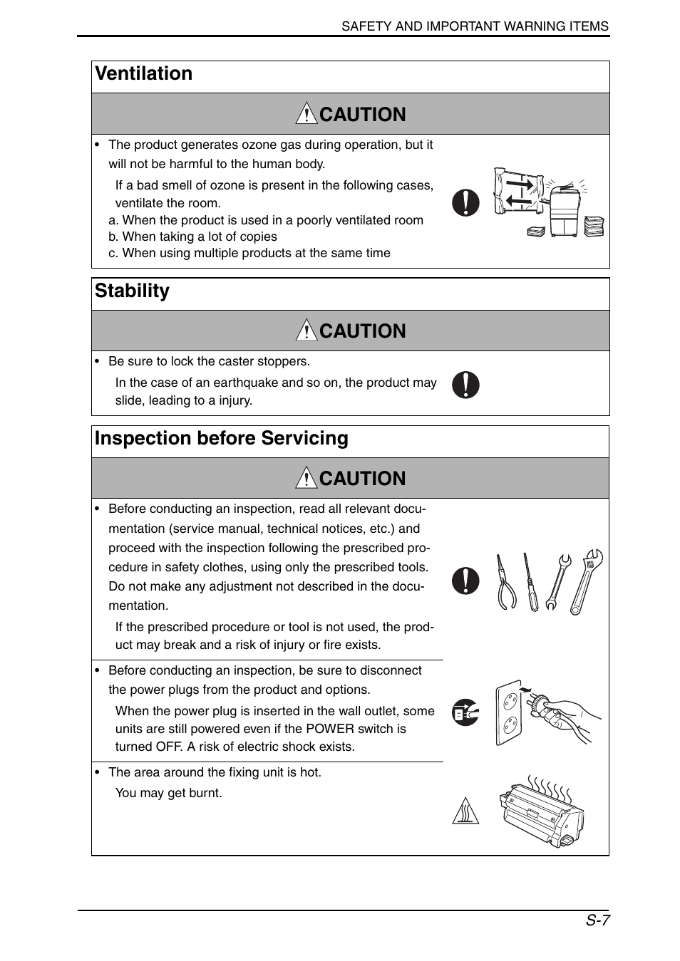 Ventilation caution, Stability caution, Inspection before servicing caution | Konica Minolta bizhub 552 User Manual | Page 10 / 33