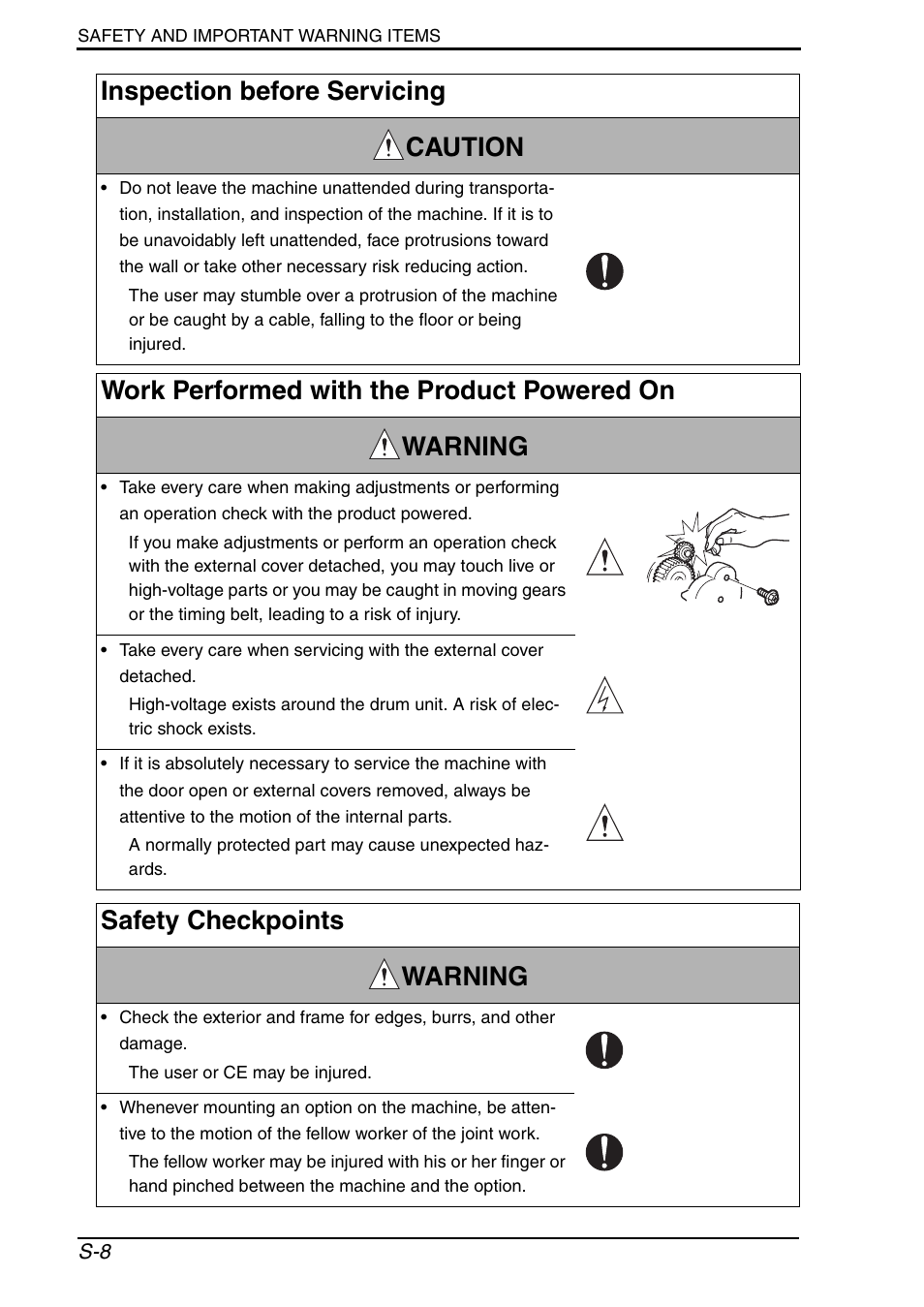 Work performed with the product powered on warning, Safety checkpoints warning, Inspection before servicing caution | Konica Minolta bizhub 552 User Manual | Page 11 / 33