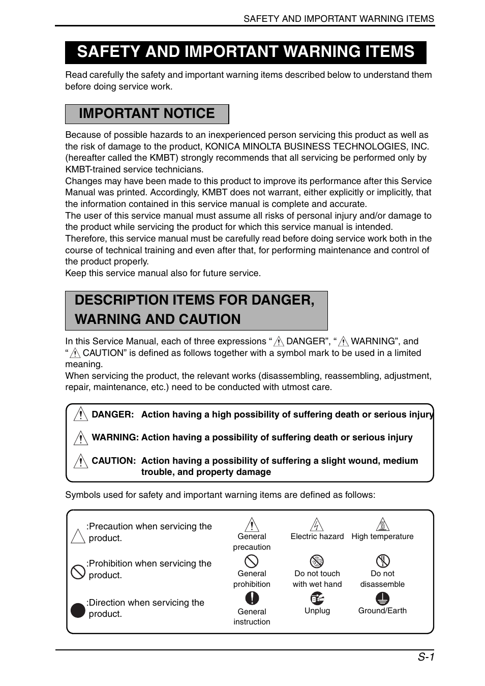 Safety and important warning items, Important notice, Description items for danger, warning and caution | Konica Minolta bizhub 552 User Manual | Page 4 / 33