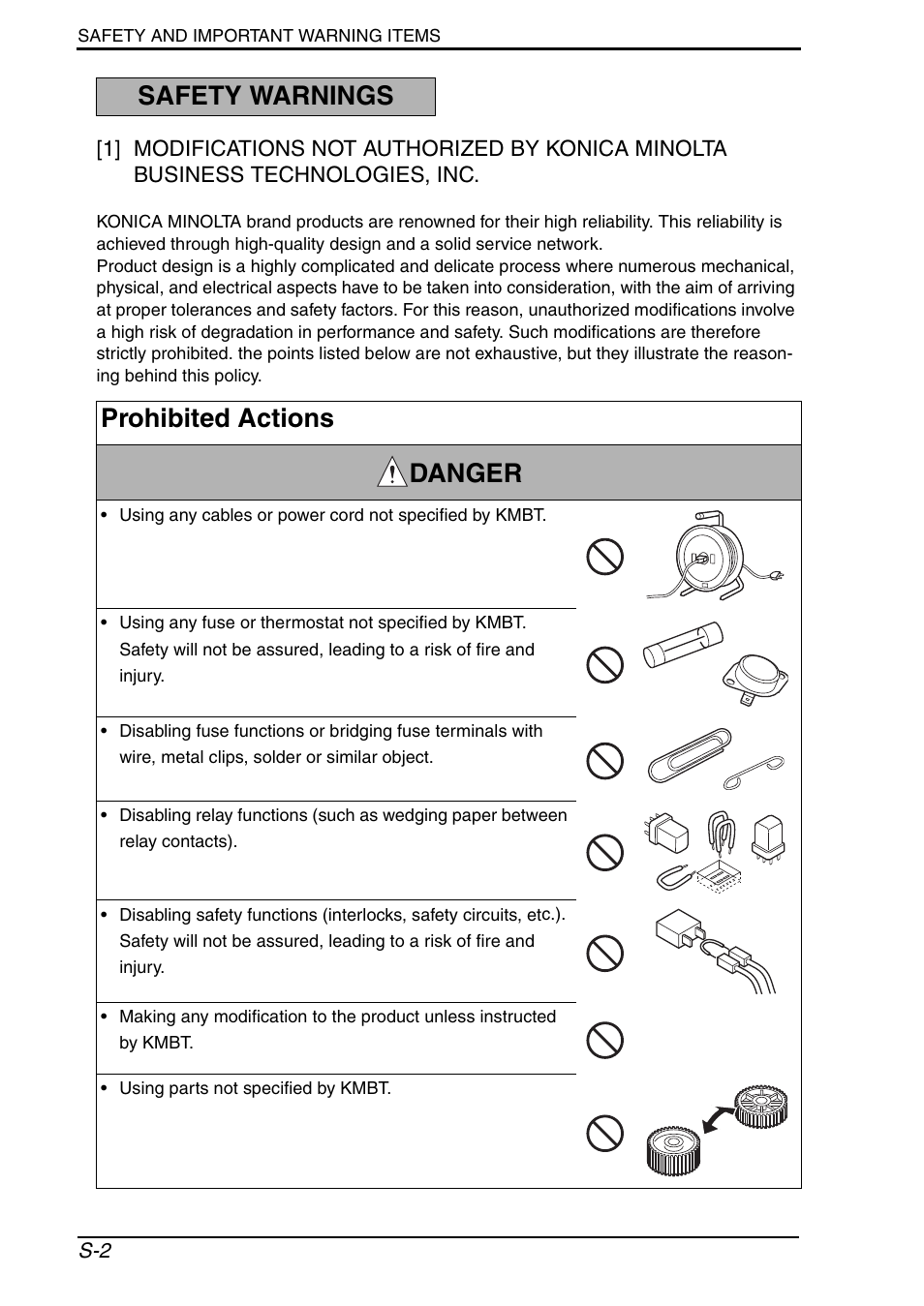 Safety warnings, Safety warnings prohibited actions danger | Konica Minolta bizhub 552 User Manual | Page 5 / 33