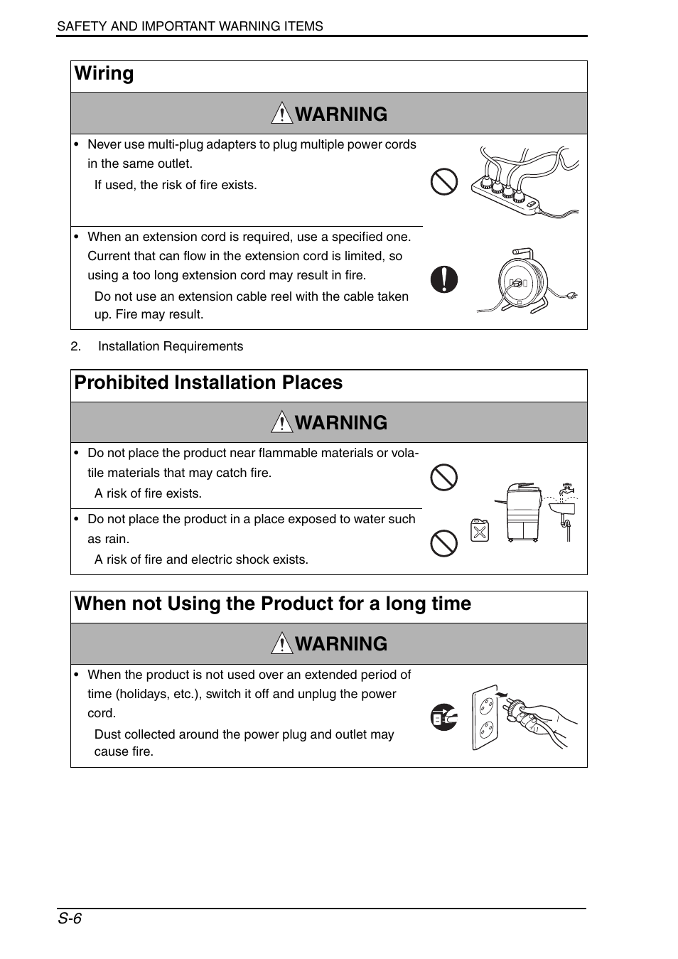 Wiring warning, Prohibited installation places warning, When not using the product for a long time warning | Konica Minolta bizhub 552 User Manual | Page 9 / 33