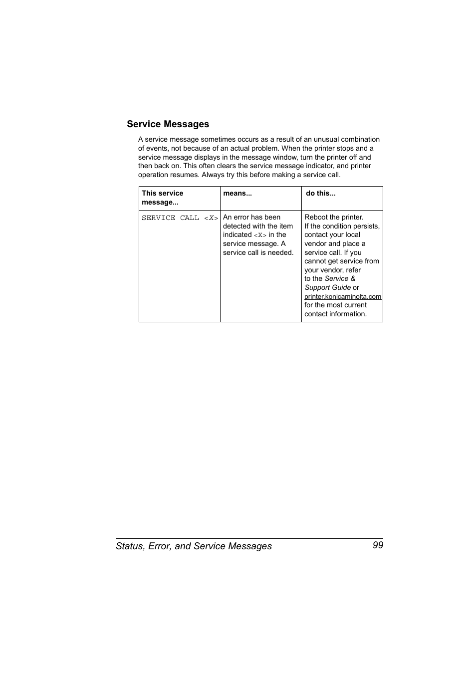 Service messages, Service messages 99 | Konica Minolta PAGEPRO 9100 User Manual | Page 105 / 178