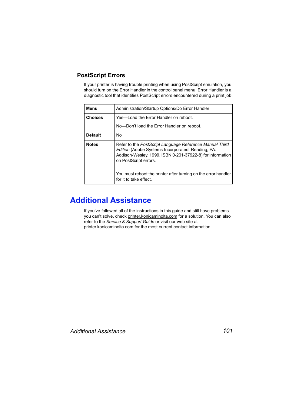 Postscript errors, Administration/startup options/do error handler, Yes-load the error handler on reboot | No-don’t load the error handler on reboot, Additional assistance, Postscript errors 101, Additional assistance 101, Additional assistance 101 postscript errors | Konica Minolta PAGEPRO 9100 User Manual | Page 107 / 178