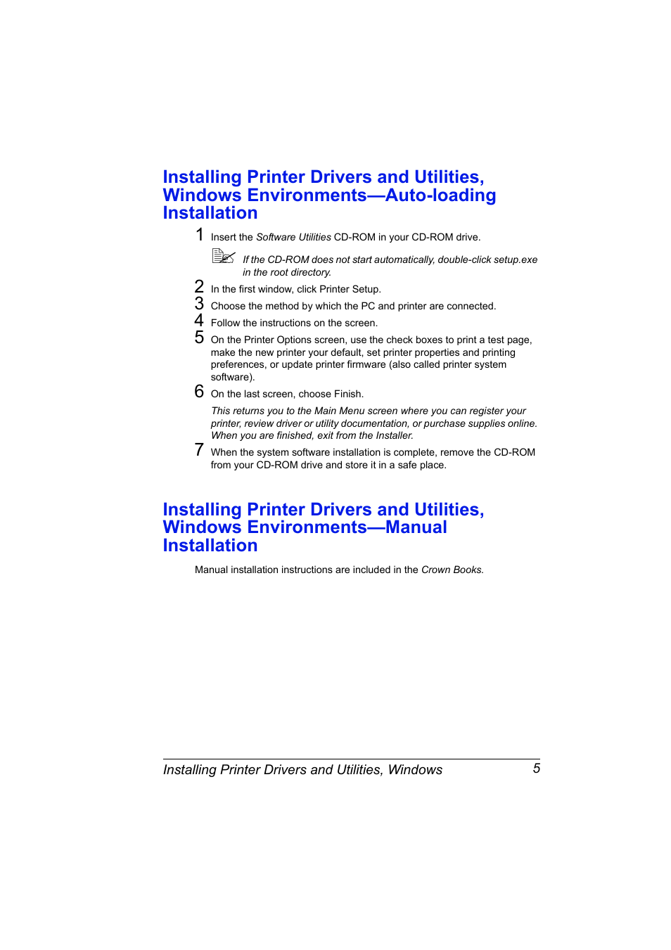 Installing printer drivers and utilities, Windows environments—auto-loading installation 5, Installation 5 | Konica Minolta PAGEPRO 9100 User Manual | Page 11 / 178