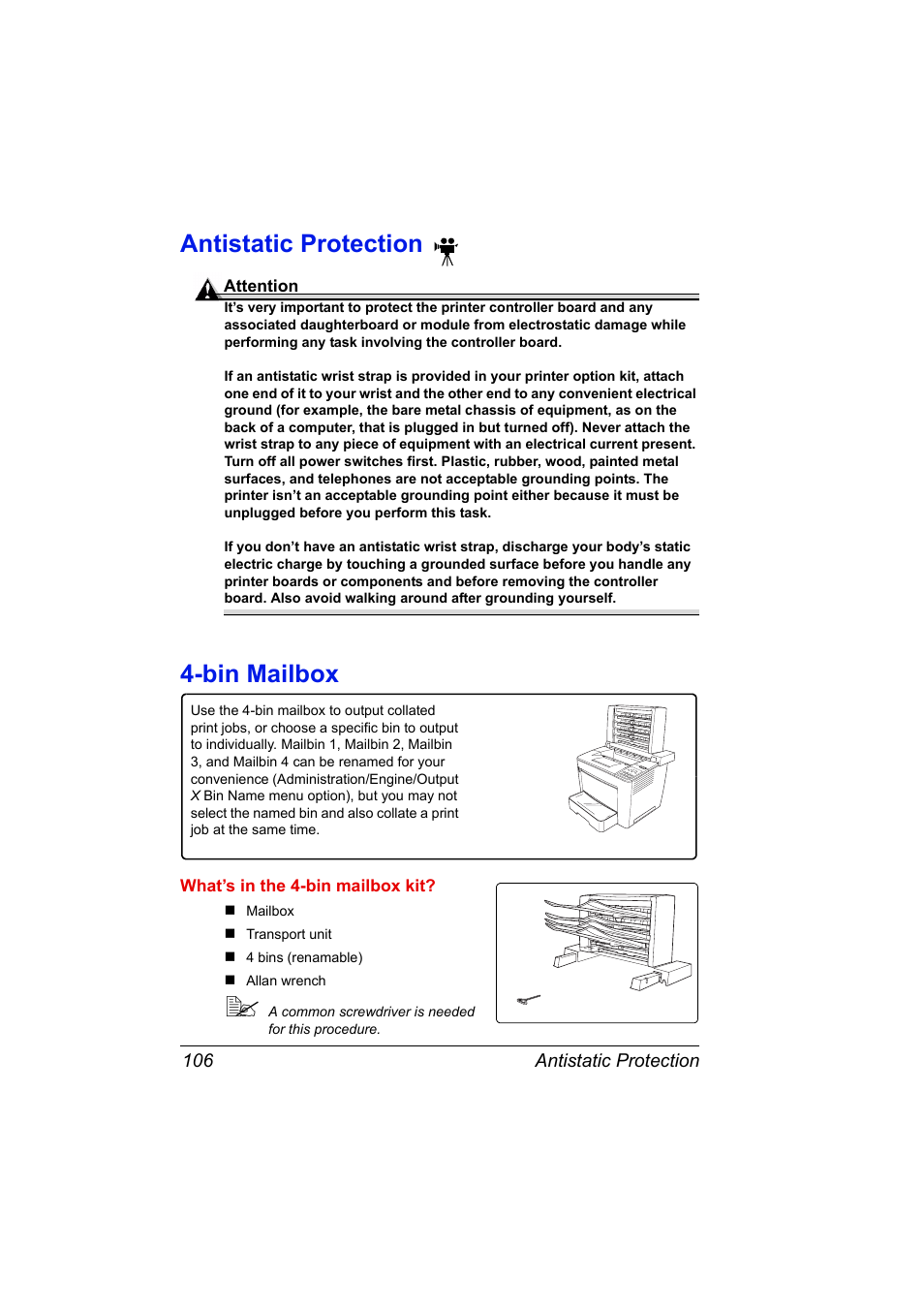 Antistatic protection, Bin mailbox, What’s in the 4-bin mailbox kit | Antistatic protection 106 4-bin mailbox 106 | Konica Minolta PAGEPRO 9100 User Manual | Page 112 / 178