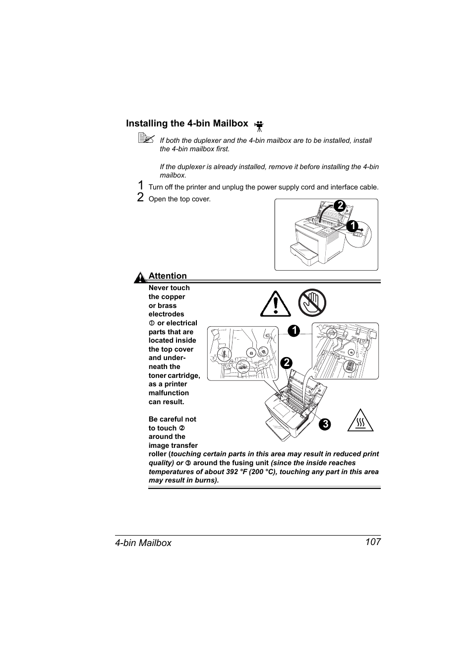 Installing the 4-bin mailbox, 2 open the top cover, Installing the 4-bin mailbox 107 | Konica Minolta PAGEPRO 9100 User Manual | Page 113 / 178