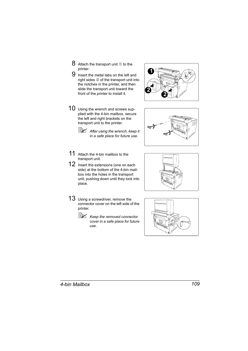 8 attach the transport unit å to the printer, 11 attach the 4-bin mailbox to the transport unit | Konica Minolta PAGEPRO 9100 User Manual | Page 115 / 178