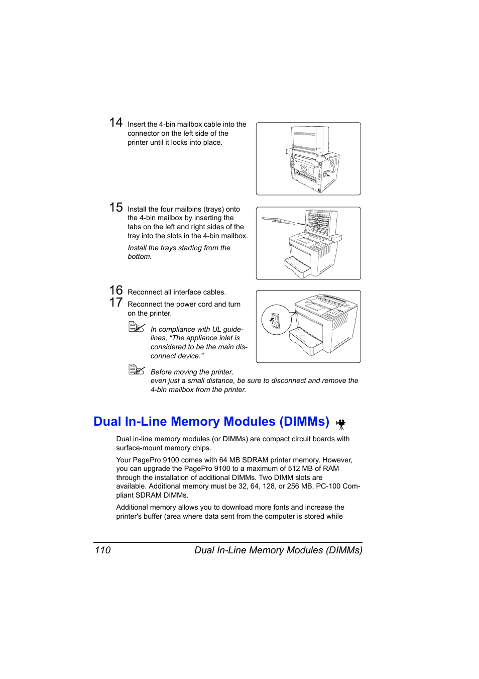 16 reconnect all interface cables, Dual in-line memory modules (dimms), Dual in-line memory modules (dimms) 110 | Konica Minolta PAGEPRO 9100 User Manual | Page 116 / 178