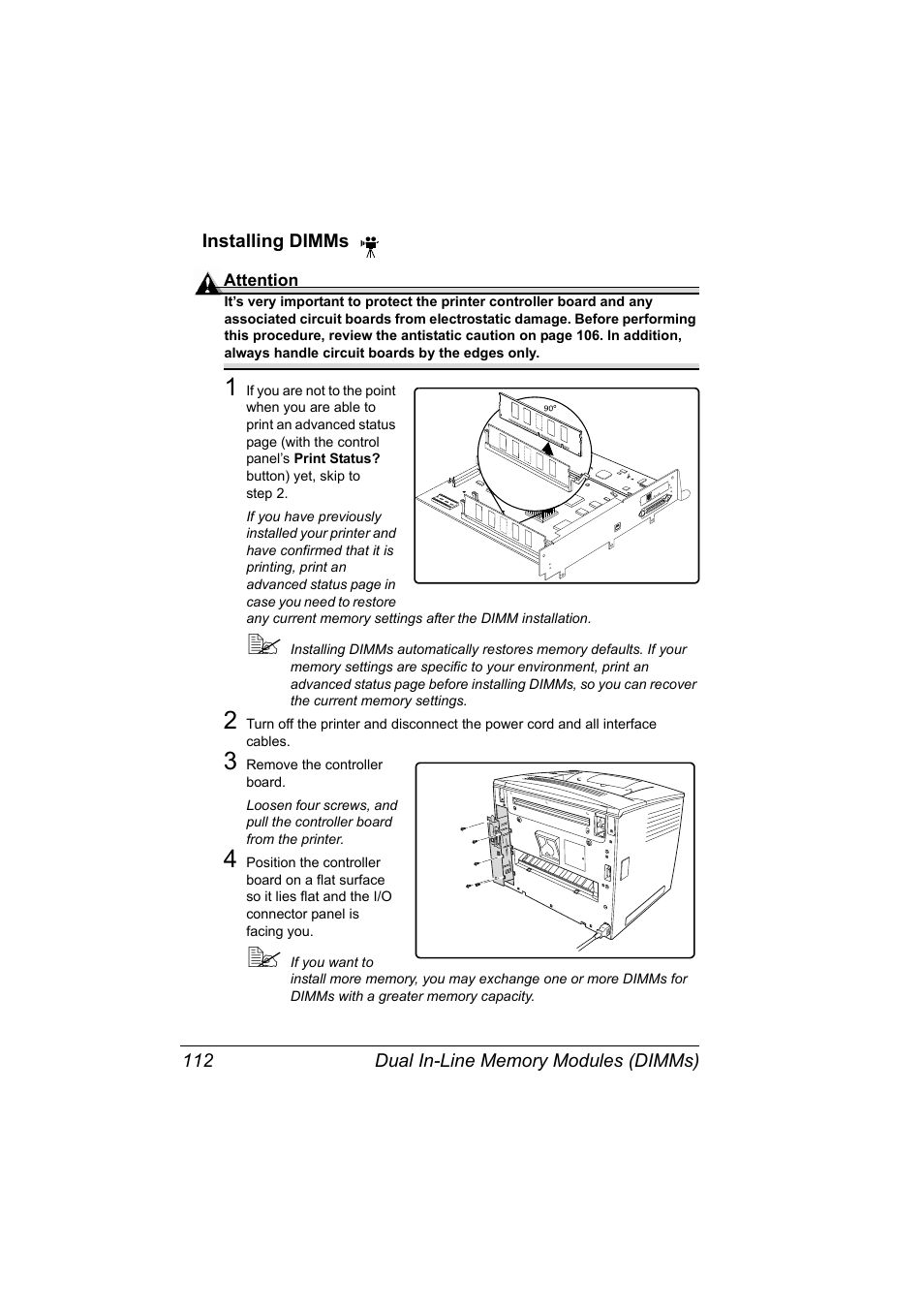 Installing dimms, 3 remove the controller board, Installing dimms 112 | Konica Minolta PAGEPRO 9100 User Manual | Page 118 / 178