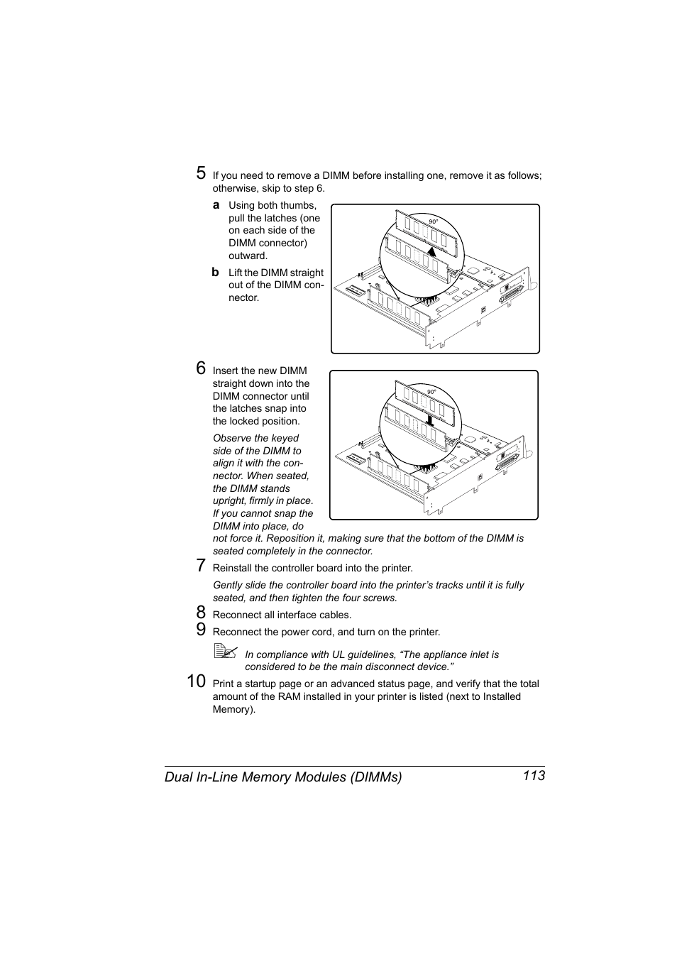 B lift the dimm straight out of the dimm connector, 7 reinstall the controller board into the printer, 8 reconnect all interface cables | Konica Minolta PAGEPRO 9100 User Manual | Page 119 / 178