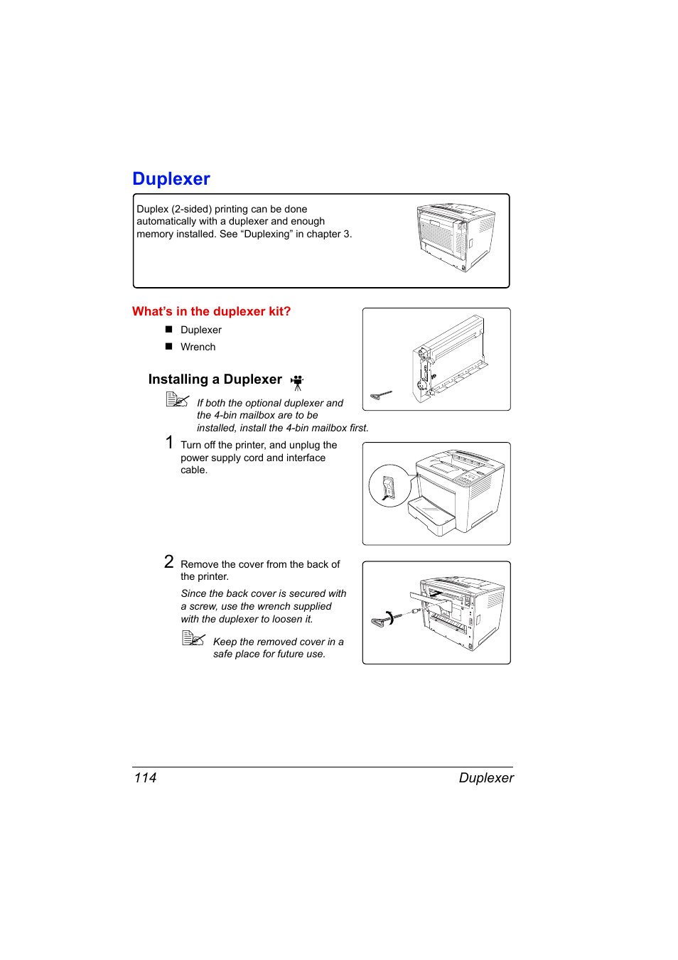 Duplexer, What’s in the duplexer kit, Installing a duplexer | 2 remove the cover from the back of the printer, Duplexer 114, Installing a duplexer 114 | Konica Minolta PAGEPRO 9100 User Manual | Page 120 / 178