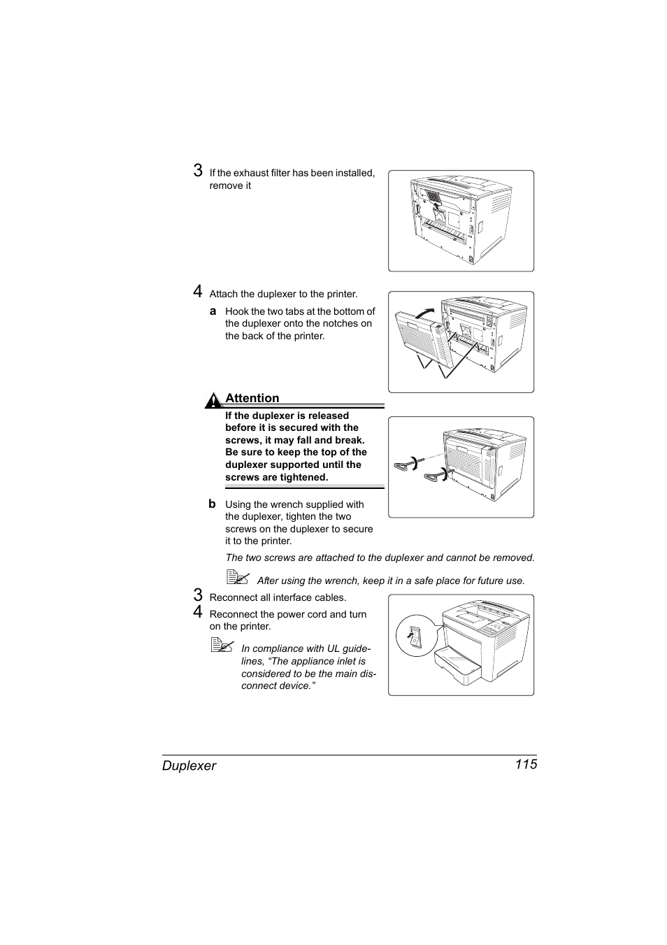 4 attach the duplexer to the printer, 3 reconnect all interface cables, 4 reconnect the power cord and turn on the printer | Konica Minolta PAGEPRO 9100 User Manual | Page 121 / 178