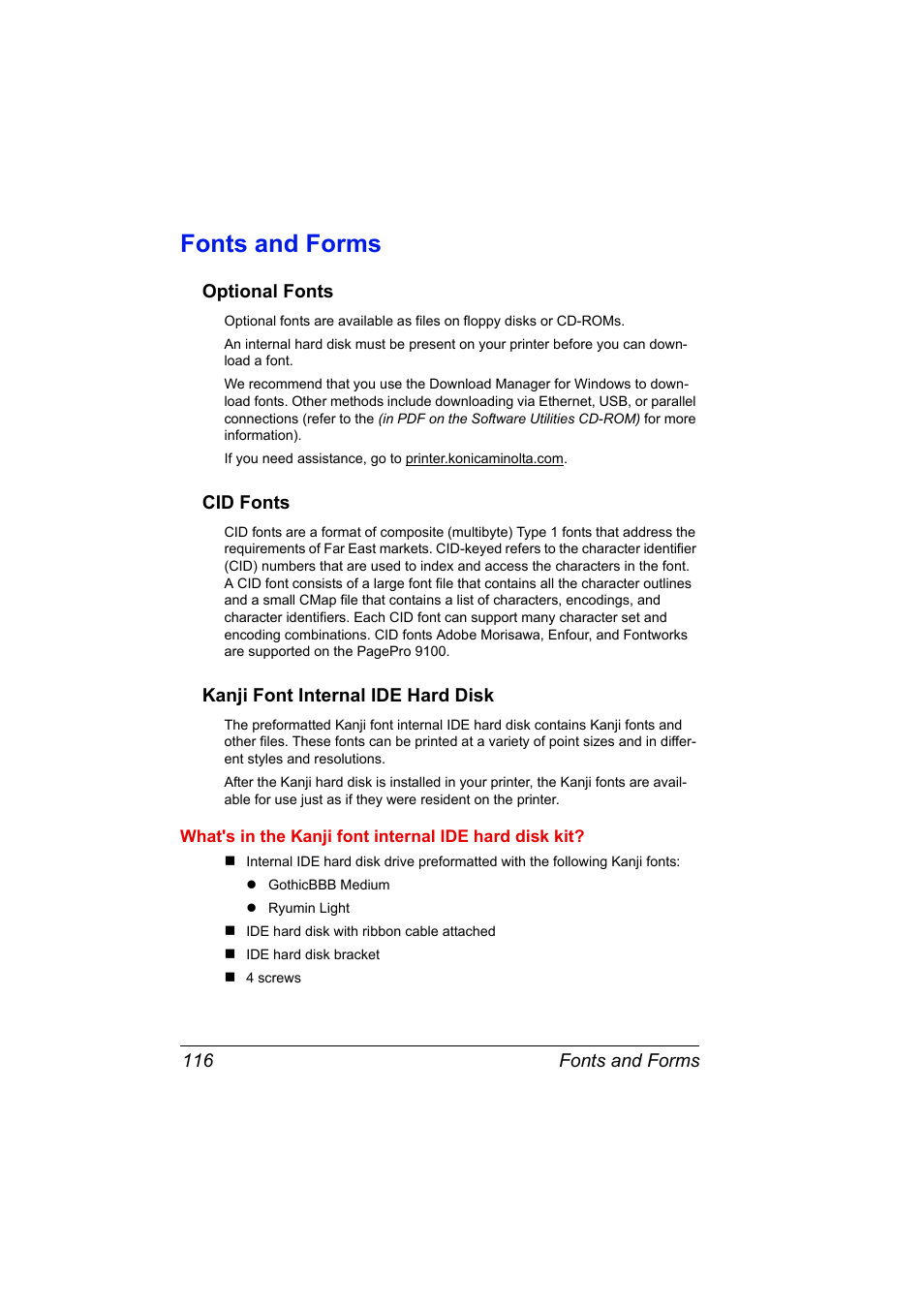 Fonts and forms, Optional fonts, Cid fonts | Kanji font internal ide hard disk, Fonts and forms 116 | Konica Minolta PAGEPRO 9100 User Manual | Page 122 / 178